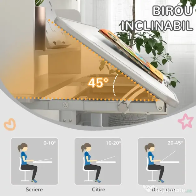 Set Birou pentru Copii Reglabil in Inaltime cu Sertar, Raft pentru Carti, Masa cu Unghi Reglabil, pentru 6-12 ani - Gri ZONEKIZ | Aosom Romania