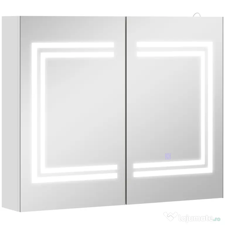 kleankin Oglindă Baie cu Dulap și LED, 80 x 65cm, Ușă Soft Close, Reglabilă pe 3 Culori, Rafturi Ajustabile, Alb Lucios | Aosom Romania