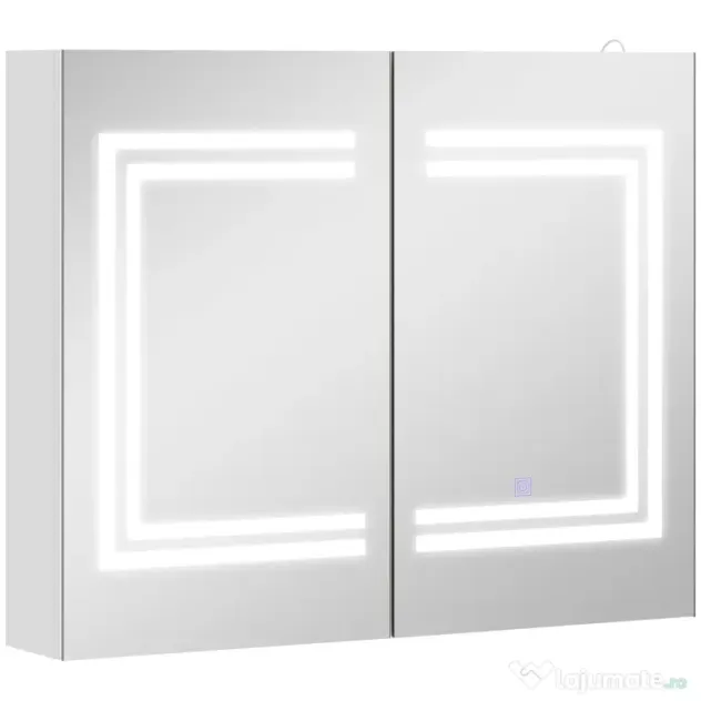 kleankin Oglindă Baie cu Dulap și LED, 80 x 65cm, Ușă Soft Close, Reglabilă pe 3 Culori, Rafturi Ajustabile, Alb Lucios | Aosom Romania