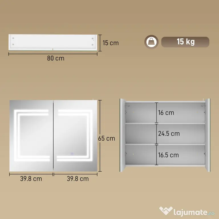 kleankin Oglindă Baie cu Dulap și LED, 80 x 65cm, Ușă Soft Close, Reglabilă pe 3 Culori, Rafturi Ajustabile, Alb Lucios | Aosom Romania