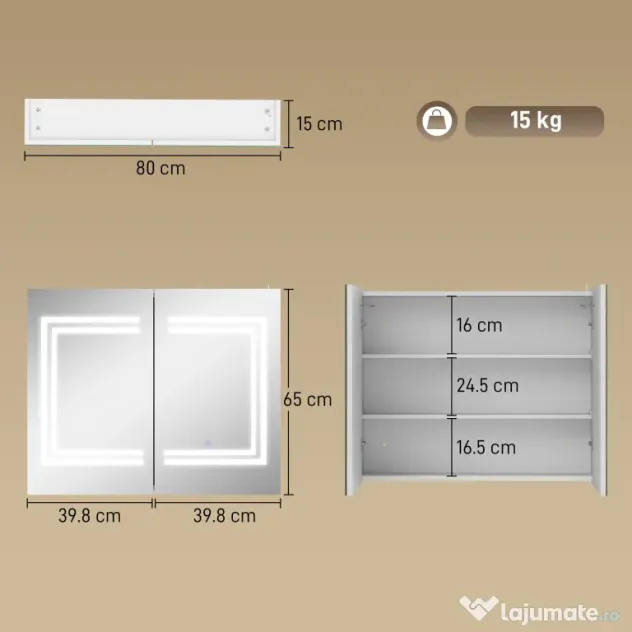kleankin Oglindă Baie cu Dulap și LED, 80 x 65cm, Ușă Soft Close, Reglabilă pe 3 Culori, Rafturi Ajustabile, Alb Lucios | Aosom Romania