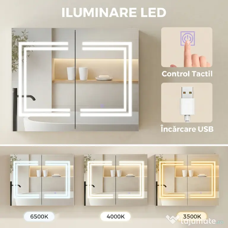 kleankin Oglindă Baie cu Dulap și LED, 80 x 65cm, Ușă Soft Close, Reglabilă pe 3 Culori, Rafturi Ajustabile, Alb Lucios | Aosom Romania