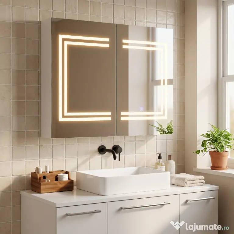 kleankin Oglindă Baie cu Dulap și LED, 80 x 65cm, Ușă Soft Close, Reglabilă pe 3 Culori, Rafturi Ajustabile, Alb Lucios | Aosom Romania