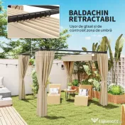 Outsunny Pergola 3 x 3(m) cu acoperis copertina retractabila si perdele, Foisor de exterior cu cadru metalic pentru gradina, Adapost de soare 