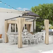 Outsunny Pergola 3 x 3(m) cu acoperis copertina retractabila si perdele, Foisor de exterior cu cadru metalic pentru gradina, Adapost de soare 