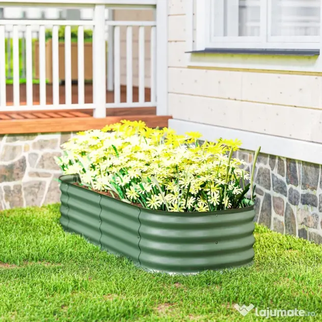 Outsunny Paturi Inaltate Galvanizate pentru Gradina, Cutie Inaltata din Metal cu Margine de Siguranta, pentru Cultivarea Florilor, Ierburilor, Verde