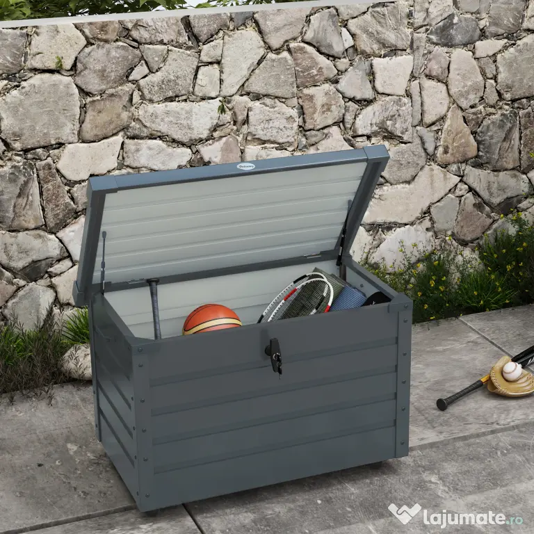 Outsunny Ladă de Grădină de 295L cu Încuietoare, 2 Mânere și 4 Rotile, Mobilier Depozitare din Oțel, 100x62x65 cm, Gri | Aosom Romania