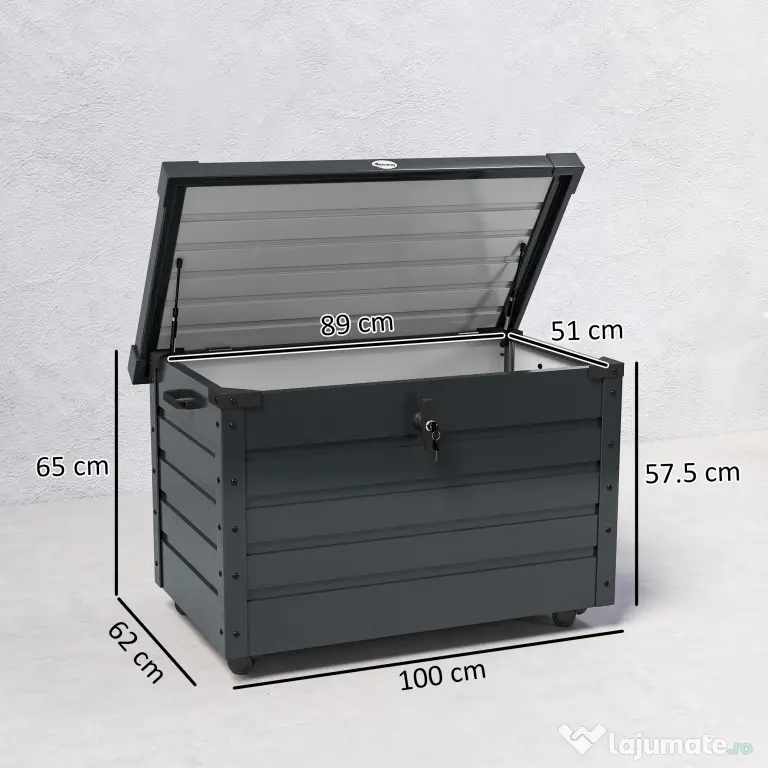 Outsunny Ladă de Grădină de 295L cu Încuietoare, 2 Mânere și 4 Rotile, Mobilier Depozitare din Oțel, 100x62x65 cm, Gri | Aosom Romania