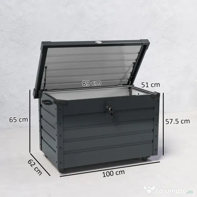 Outsunny Ladă de Grădină de 295L cu Încuietoare, 2 Mânere și 4 Rotile, Mobilier Depozitare din Oțel, 100x62x65 cm, Gri | Aosom Romania