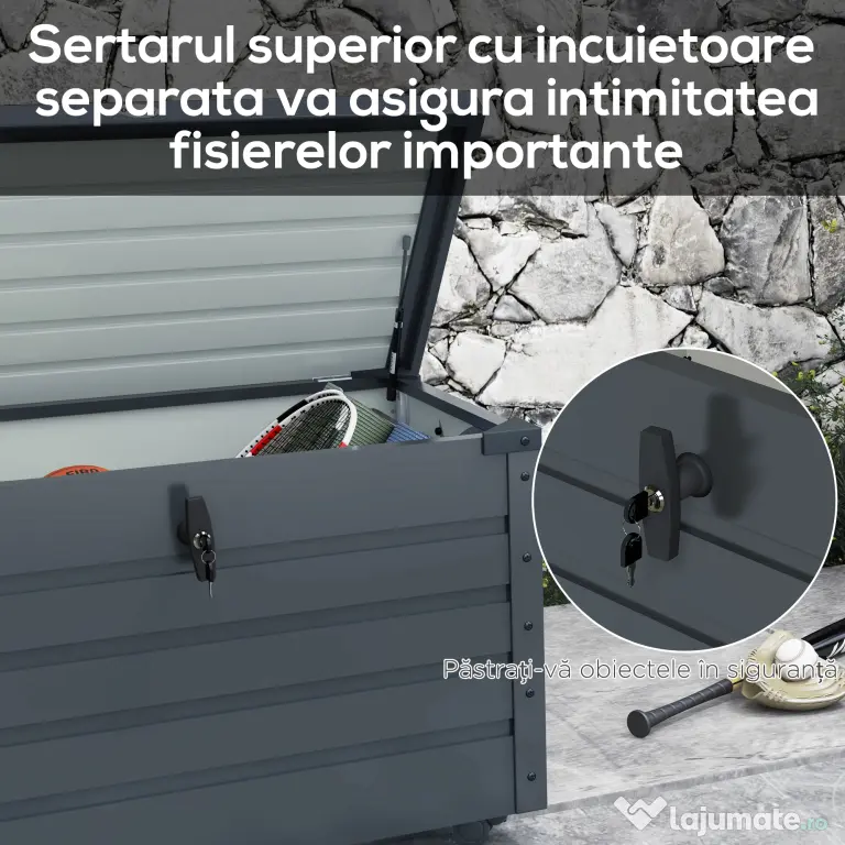 Outsunny Ladă de Grădină de 295L cu Încuietoare, 2 Mânere și 4 Rotile, Mobilier Depozitare din Oțel, 100x62x65 cm, Gri | Aosom Romania