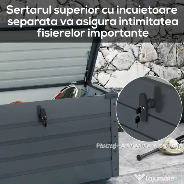 Outsunny Ladă de Grădină de 295L cu Încuietoare, 2 Mânere și 4 Rotile, Mobilier Depozitare din Oțel, 100x62x65 cm, Gri | Aosom Romania