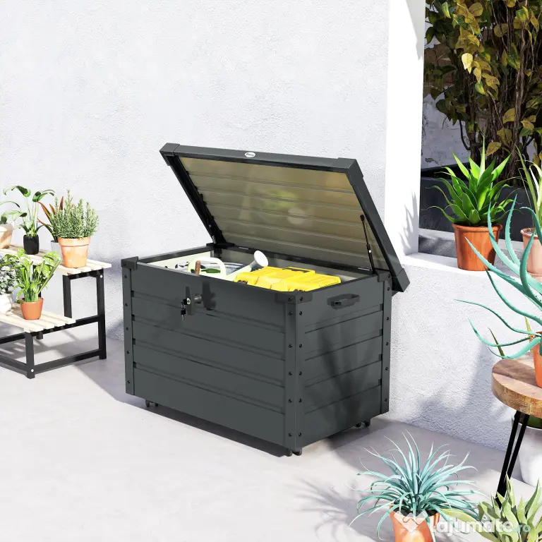 Outsunny Ladă de Grădină de 295L cu Încuietoare, 2 Mânere și 4 Rotile, Mobilier Depozitare din Oțel, 100x62x65 cm, Gri | Aosom Romania