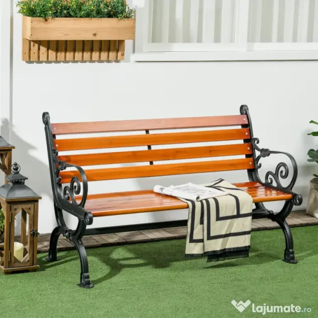 Outsunny Bancă de Exterior cu Cadru din Aluminiu, Scaun cu Două Locuri cu Cotieră Curbată, Șezut și Spătar din Lemn, 120x64x79 cm, Tec | Aosom Romania