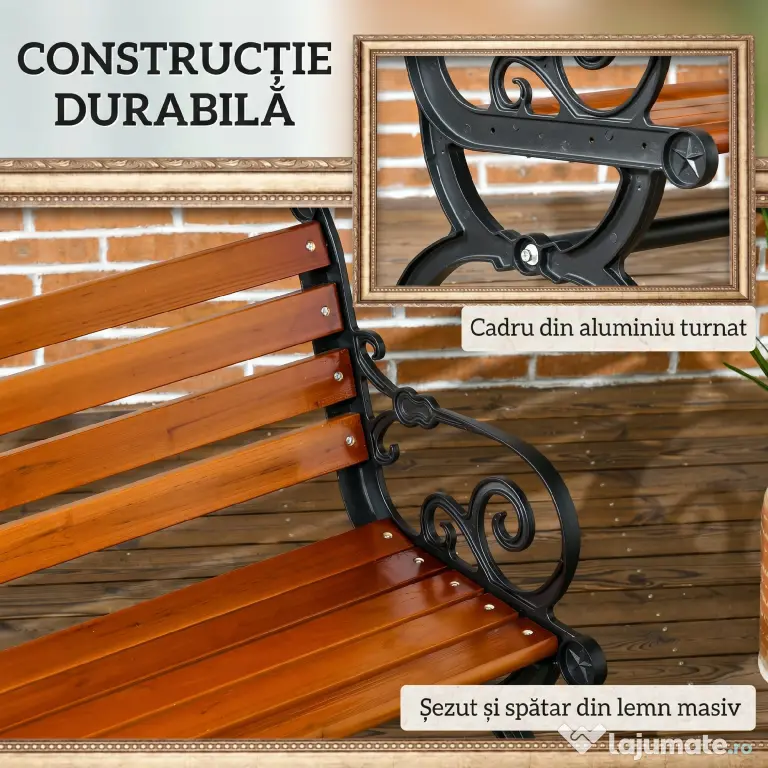 Outsunny Bancă de Exterior cu Cadru din Aluminiu, Scaun cu Două Locuri cu Cotieră Curbată, Șezut și Spătar din Lemn, 120x64x79 cm, Tec | Aosom Romania