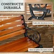 Outsunny Bancă de Exterior cu Cadru din Aluminiu, Scaun cu Două Locuri cu Cotieră Curbată, Șezut și Spătar din Lemn, 120x64x79 cm, Tec | Aosom Romania 
