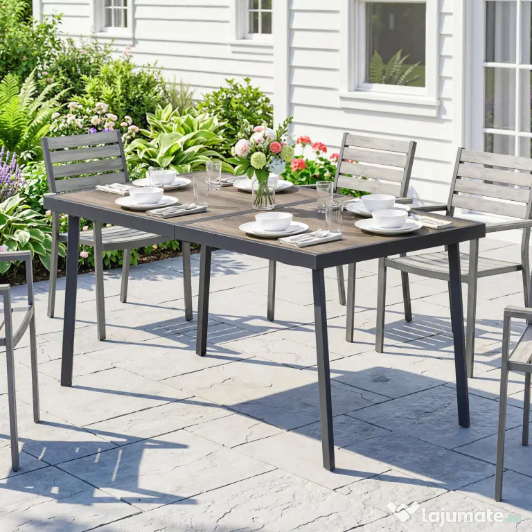 Outsunny Masă de Patio, Masă de Balcon, Masă de Dining pentru Exterior 145 x 85 cm pentru 6 Persoane cu Efect de Lemn, Cadrul din Oțel, Gri | Aosom Romania