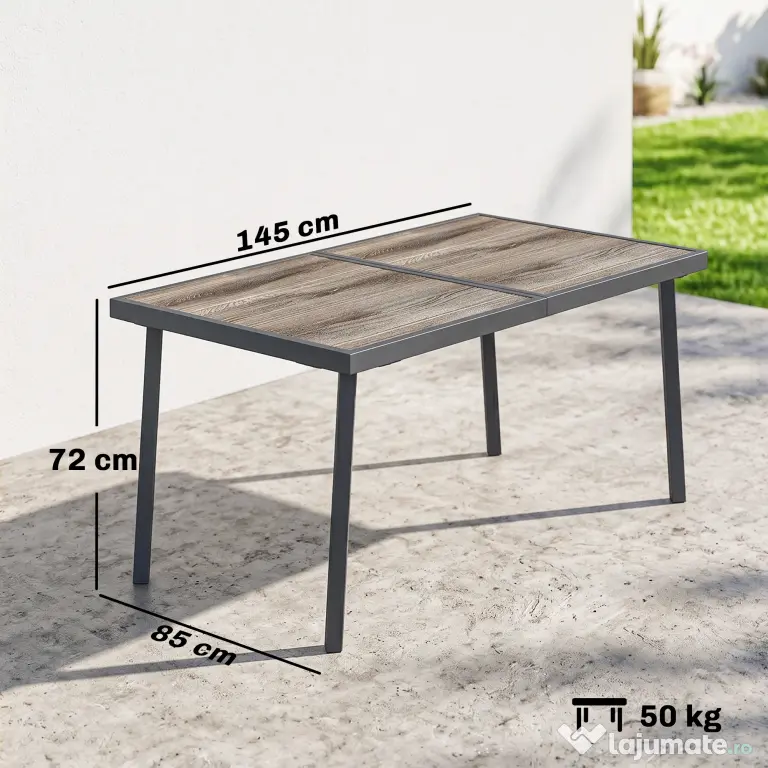 Outsunny Masă de Patio, Masă de Balcon, Masă de Dining pentru Exterior 145 x 85 cm pentru 6 Persoane cu Efect de Lemn, Cadrul din Oțel, Gri | Aosom Romania