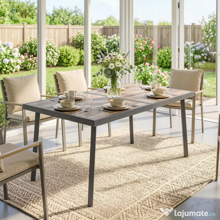 Outsunny Masă de Patio, Masă de Balcon, Masă de Dining pentru Exterior 145 x 85 cm pentru 6 Persoane cu Efect de Lemn, Cadrul din Oțel, Gri | Aosom Romania