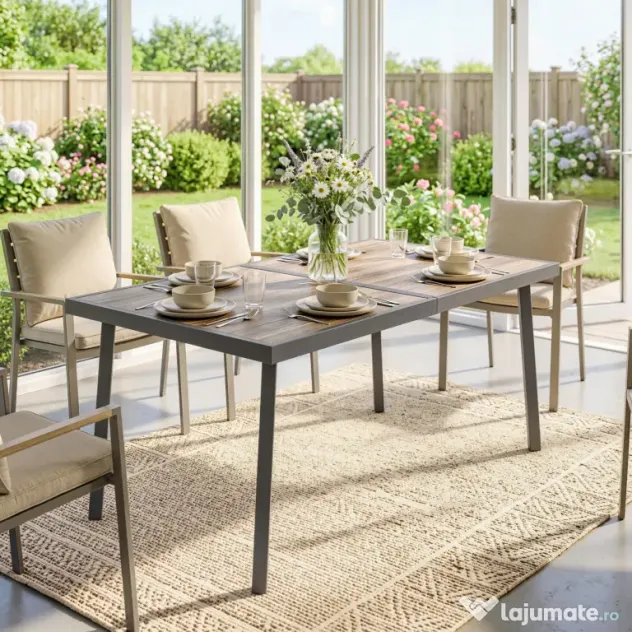 Outsunny Masă de Patio, Masă de Balcon, Masă de Dining pentru Exterior 145 x 85 cm pentru 6 Persoane cu Efect de Lemn, Cadrul din Oțel, Gri | Aosom Romania