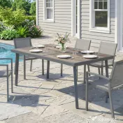 Outsunny Masă de Patio, Masă de Balcon, Masă de Dining pentru Exterior 145 x 85 cm pentru 6 Persoane cu Efect de Lemn, Cadrul din Oțel, Gri | Aosom Romania 