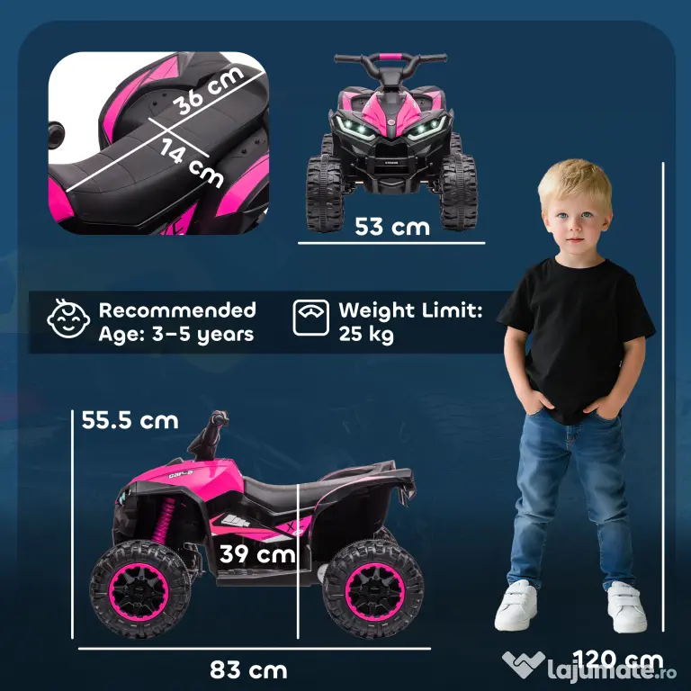 HOMCOM ATV Electric pentru Copii cu Motor Dublu și 2 Viteze, Roți, Faruri LED, Claxon și Muzică, 83x53x55.5 cm, Roz | Aosom Romania