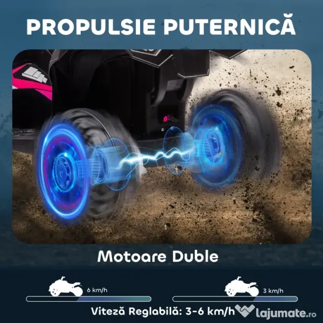 HOMCOM ATV Electric pentru Copii cu Motor Dublu și 2 Viteze, Roți, Faruri LED, Claxon și Muzică, 83x53x55.5 cm, Roz | Aosom Romania