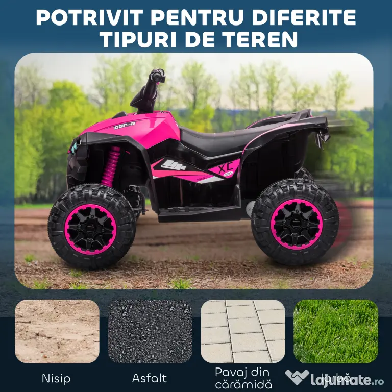 HOMCOM ATV Electric pentru Copii cu Motor Dublu și 2 Viteze, Roți, Faruri LED, Claxon și Muzică, 83x53x55.5 cm, Roz | Aosom Romania