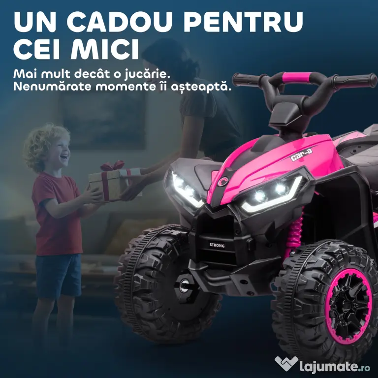 HOMCOM ATV Electric pentru Copii cu Motor Dublu și 2 Viteze, Roți, Faruri LED, Claxon și Muzică, 83x53x55.5 cm, Roz | Aosom Romania