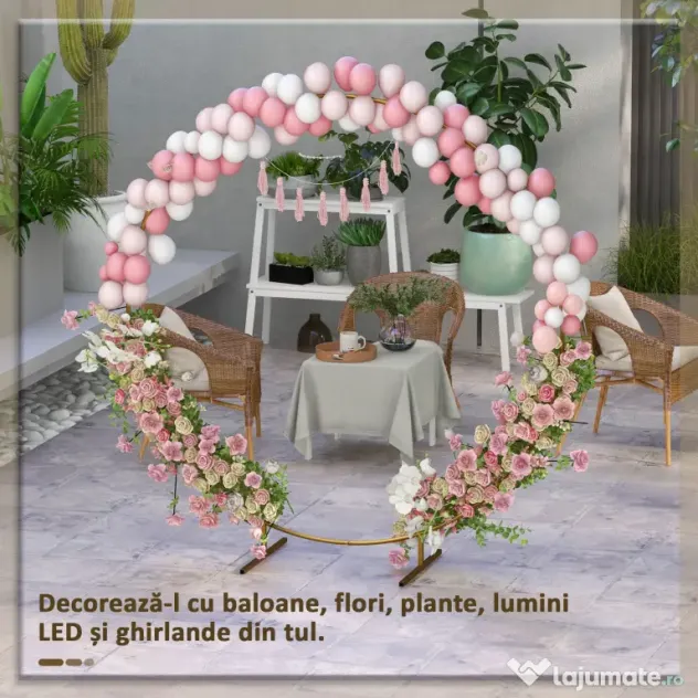 Outsunny Arc de Grădină din Oțel Auriu – Arc Decorativ Rotund pentru Baloane, Plante Cățărătoare, Flori – Pentru Nunți, Aniversări, Ceremonii – 2,24 m | Aosom Romania