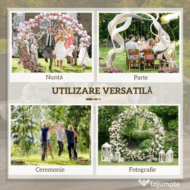 Outsunny Arc de Grădină din Oțel Auriu – Arc Decorativ Rotund pentru Baloane, Plante Cățărătoare, Flori – Pentru Nunți, Aniversări, Ceremonii – 2,24 m | Aosom Romania