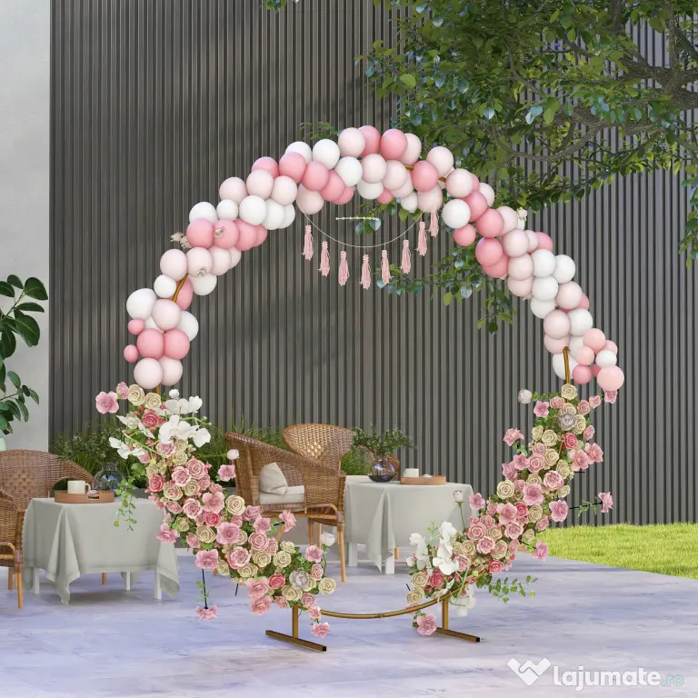 Outsunny Arc de Grădină din Oțel Auriu – Arc Decorativ Rotund pentru Baloane, Plante Cățărătoare, Flori – Pentru Nunți, Aniversări, Ceremonii – 2,24 m | Aosom Romania