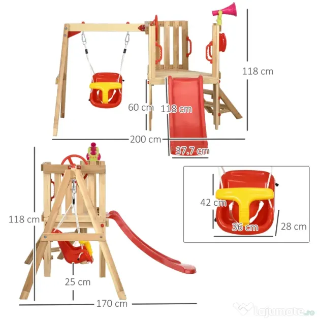 Outsunny Set Tobogan pentru Copii cu Leagăn de Grădină, Volan și Corn Sonor, 170x200x118 cm, Roșu | Aosom Romania