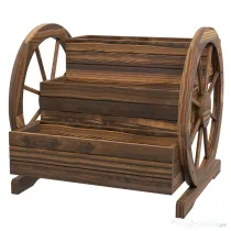 Outsunny Jardinieră de Exterior cu 3 Niveluri, cu Roți Decorative din Lemn de Brad Carbonizat, 62x61x57 cm
