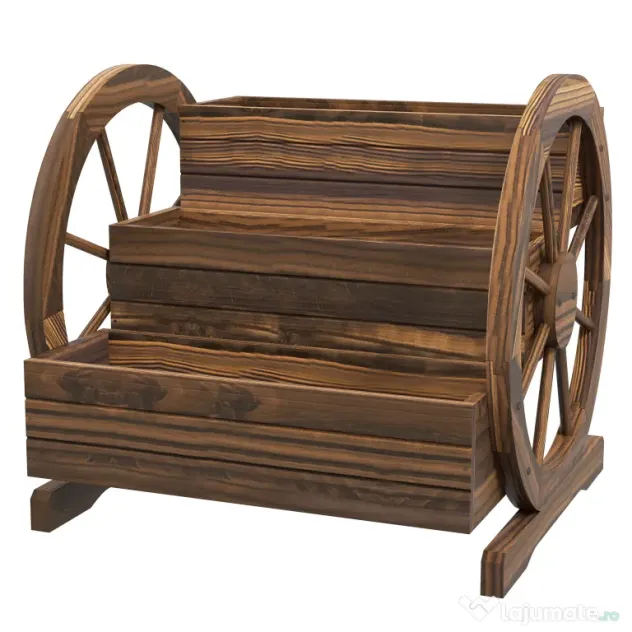 Outsunny Jardinieră de Exterior cu 3 Niveluri, cu Roți Decorative din Lemn de Brad Carbonizat, 62x61x57 cm