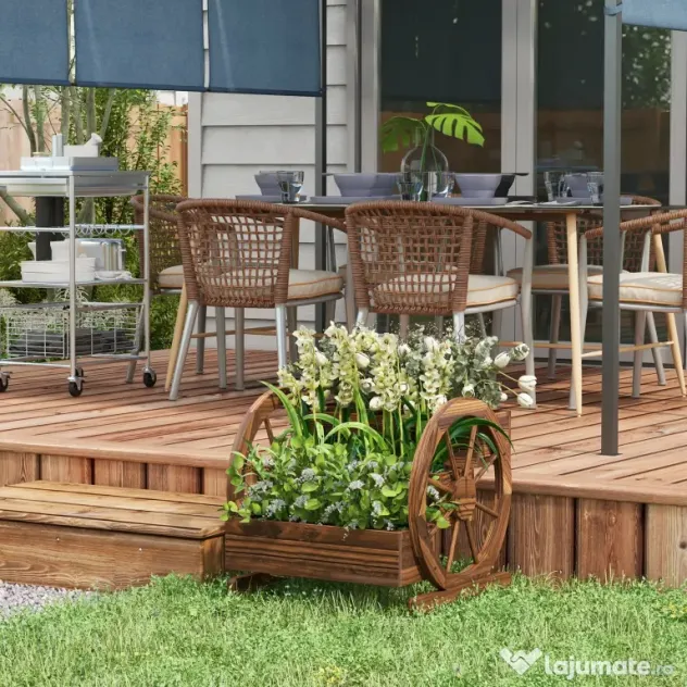 Outsunny Jardinieră de Exterior cu 3 Niveluri, cu Roți Decorative din Lemn de Brad Carbonizat, 62x61x57 cm