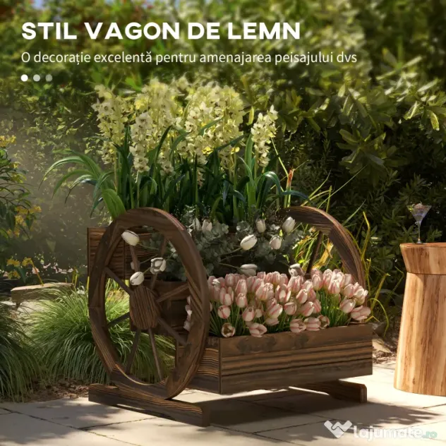 Outsunny Jardinieră de Exterior cu 3 Niveluri, cu Roți Decorative din Lemn de Brad Carbonizat, 62x61x57 cm