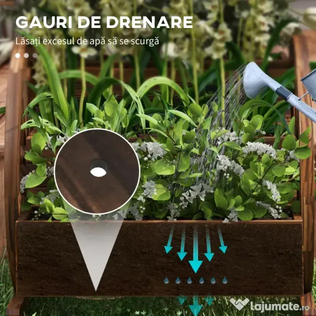 Outsunny Jardinieră de Exterior cu 3 Niveluri, cu Roți Decorative din Lemn de Brad Carbonizat, 62x61x57 cm