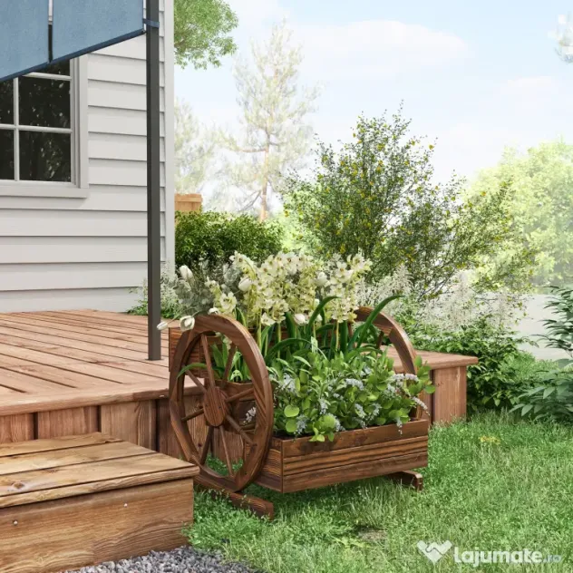 Outsunny Jardinieră de Exterior cu 3 Niveluri, cu Roți Decorative din Lemn de Brad Carbonizat, 62x61x57 cm