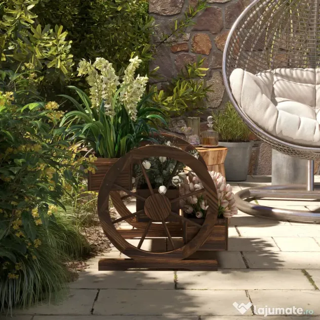Outsunny Jardinieră de Exterior cu 3 Niveluri, cu Roți Decorative din Lemn de Brad Carbonizat, 62x61x57 cm