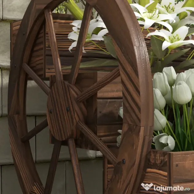 Outsunny Jardinieră de Exterior cu 3 Niveluri, cu Roți Decorative din Lemn de Brad Carbonizat, 62x61x57 cm