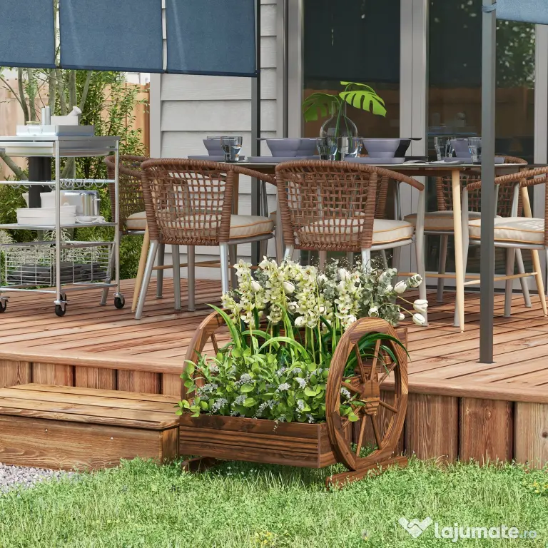 Outsunny Jardinieră de Exterior cu 3 Niveluri și Roți Decorative, din Lemn de Brad cu Orificii de Drenaj, pentru Legume și Flori, pentru Balcon sau Terasă, 62x61x57 cm, Carbonizat | Aosom Romania