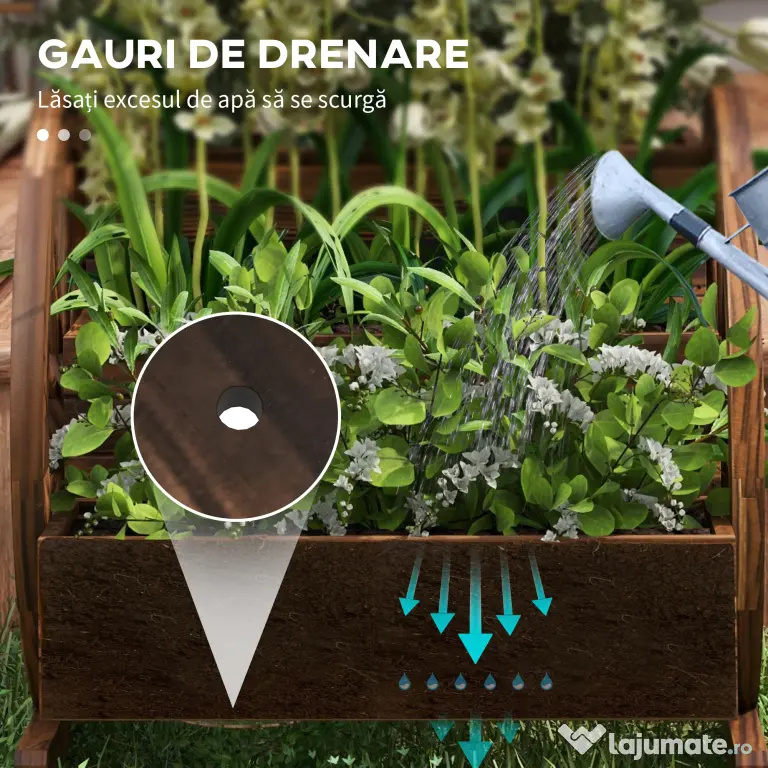 Outsunny Jardinieră de Exterior cu 3 Niveluri și Roți Decorative, din Lemn de Brad cu Orificii de Drenaj, pentru Legume și Flori, pentru Balcon sau Terasă, 62x61x57 cm, Carbonizat | Aosom Romania