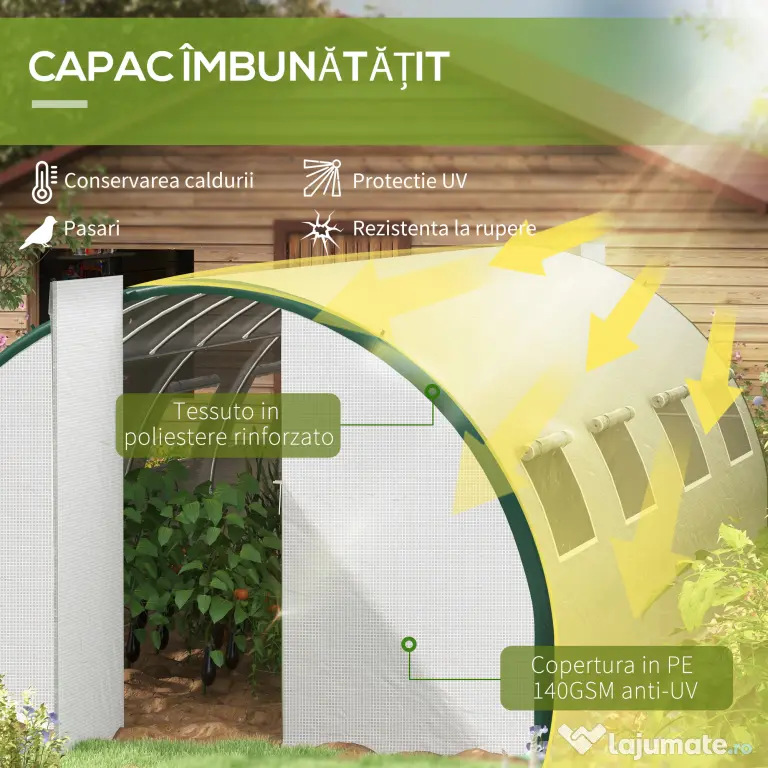 Outsunny Seră Tip Tunel cu 2 Uși, Fermoare și 8 Ferestre, 600x300x200 cm, Alb | Aosom Romania
