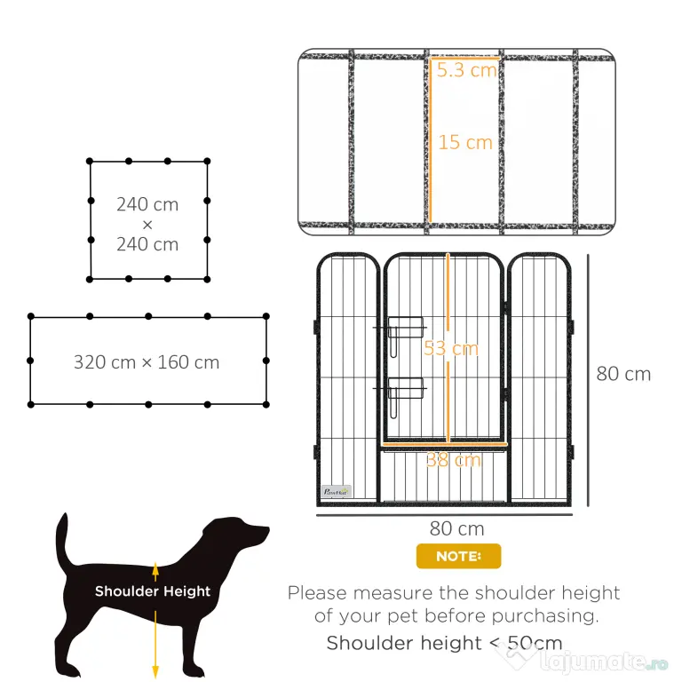 PawHut Gard pentru Câini, Incintă Modulară pentru Câini din 8 Secții pentru Interior și Exterior, 80x100 cm, Negru | Aosom Romania