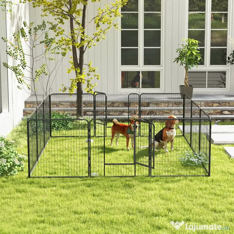 PawHut Gard pentru Câini, Incintă Modulară pentru Câini din 8 Secții pentru Interior și Exterior, 80x100 cm, Negru | Aosom Romania