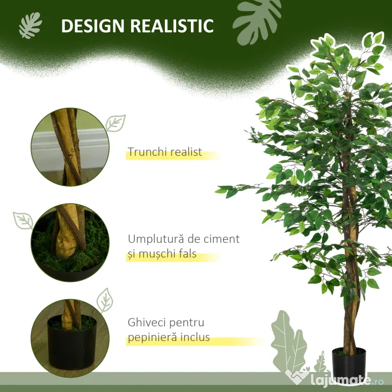 HOMCOM Ficus artificial cu ghiveci de 5 ft, planta artificiala de interior, exterior, pentru decorarea camerei de zi, biroului