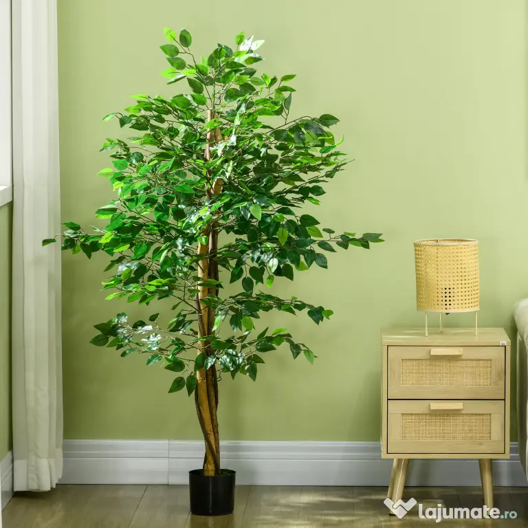HOMCOM Ficus artificial cu ghiveci de 5 ft, planta artificiala de interior, exterior, pentru decorarea camerei de zi, biroului