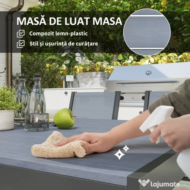 Outsunny Set de Grădină cu Masă și 6 Scaune Stivuibile, 7 Piese, Gri Deschis | Aosom Romania