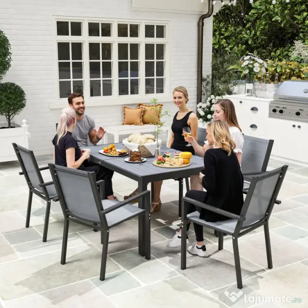 Outsunny Set de Grădină cu Masă și 6 Scaune Stivuibile, 7 Piese, Gri Deschis | Aosom Romania