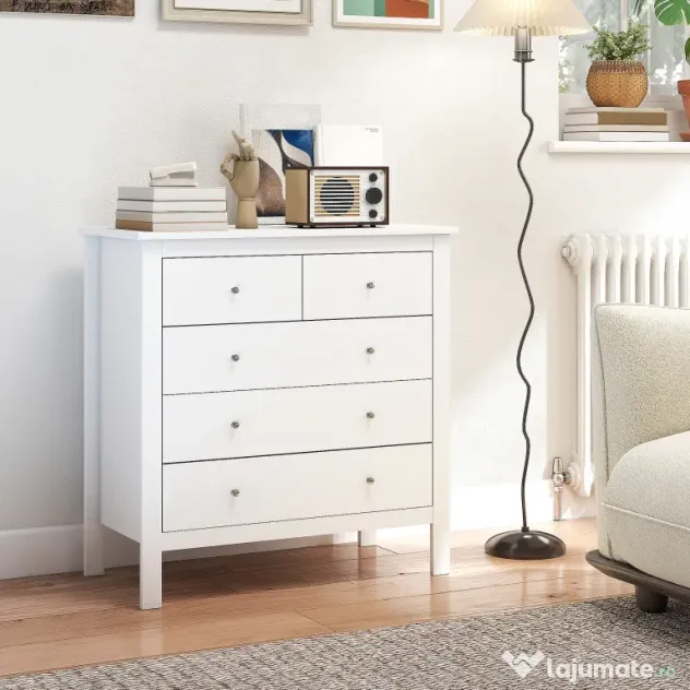HOMCOM Comodă cu 2 Sertare Mici și 3 Sertare Mari, Comodă de Dormitor din Lemn, 79x39,5x80,5 cm, Alb | Aosom Romania